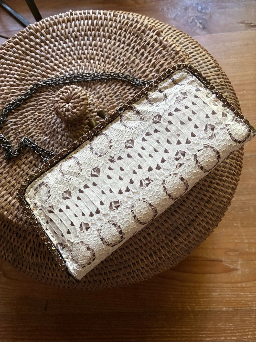Clara Kasavina Snakeskin Amber Crystal Kiss Lock Evening Clutch Bag
